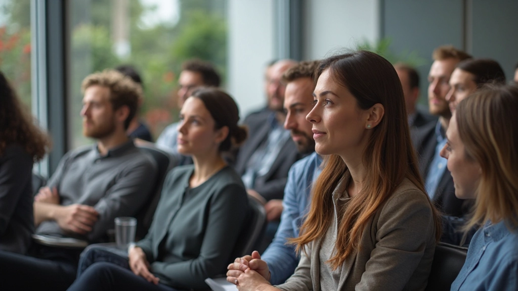 Diverse Gruppe sitzt im Seminar, alle konzentriert auf die Präsentation schauend, positive Körpersprache, moderner Schulungsraum