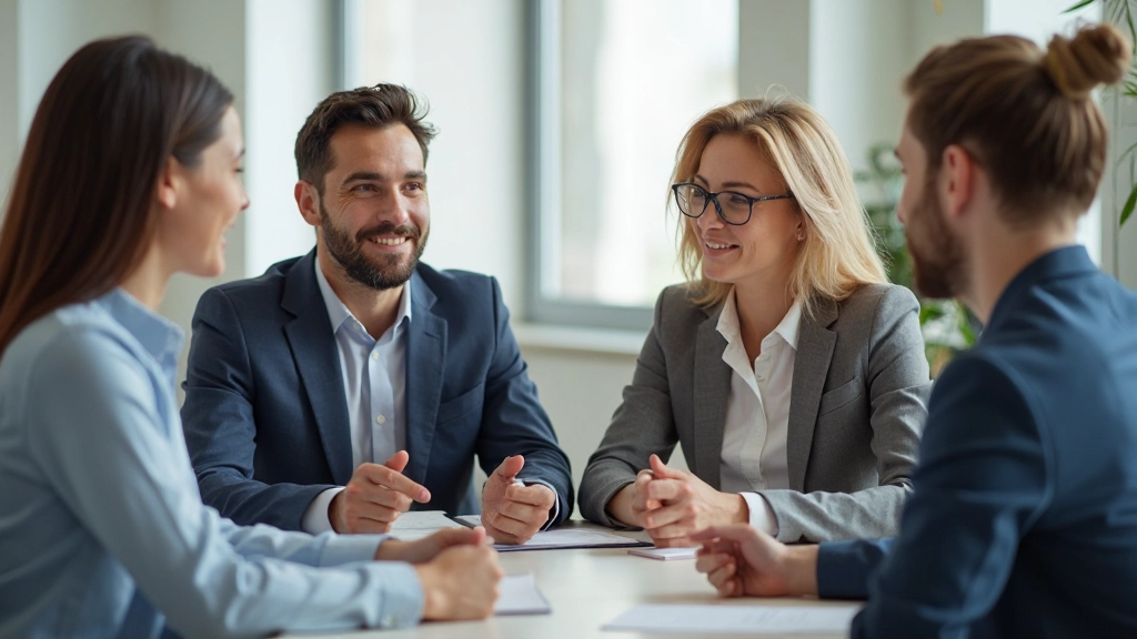 Diverse Gruppe von Fachleuten sitzt zusammen in modernem Büro und diskutiert vertrauensvoll miteinander