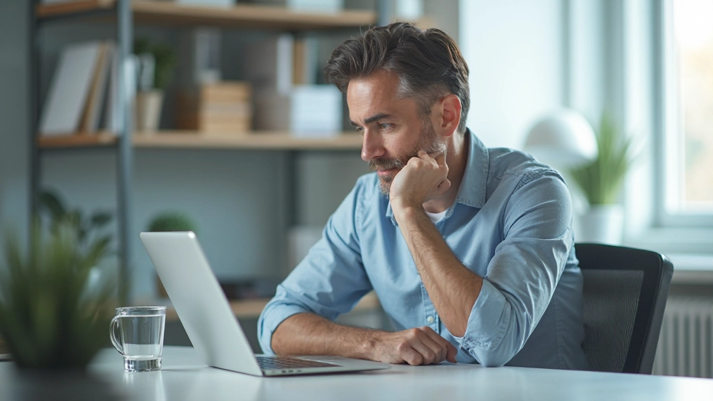 Führungskraft sitzt nachdenklich an Schreibtisch in minimalistischem Büro und schaut auf Notizbuch mit Reflexionen