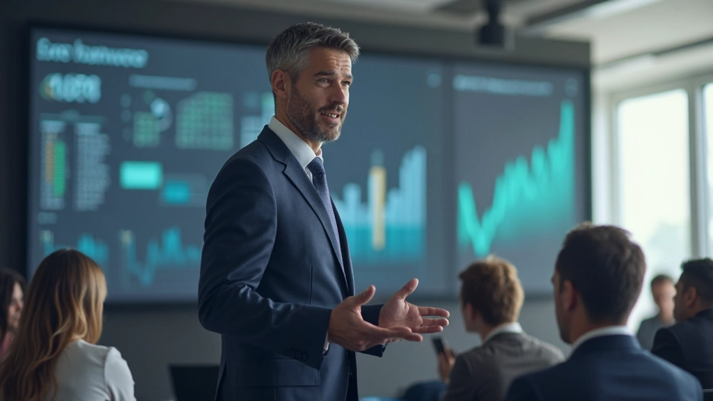 Professioneller Mann präsentiert vor Bildschirm mit Datenvisualisierung, offene Körperhaltung, aufmerksames Publikum im Hintergrund