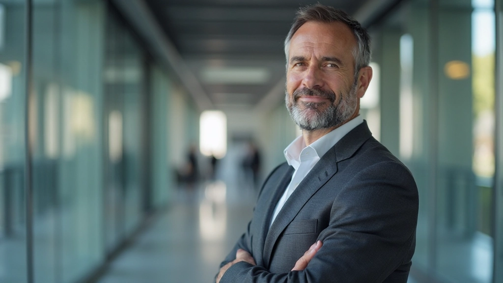 Reifer Geschätsführer in dunklem Anzug schaut selbstsicher in die Ferne, steht in modernem Büroflur