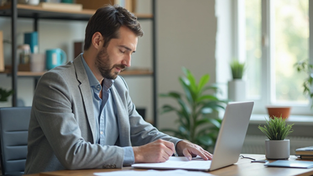 Person arbeitet an Laptop, bereitet Präsentationsmaterialien vor, Notizen und Konzepte auf dem Schreibtisch sichtbar