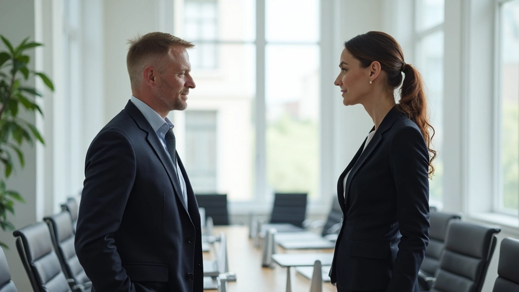 Zwei Führungskräfte stehen sich gegenüber in ernstem Gespräch in hellem Meetingraum