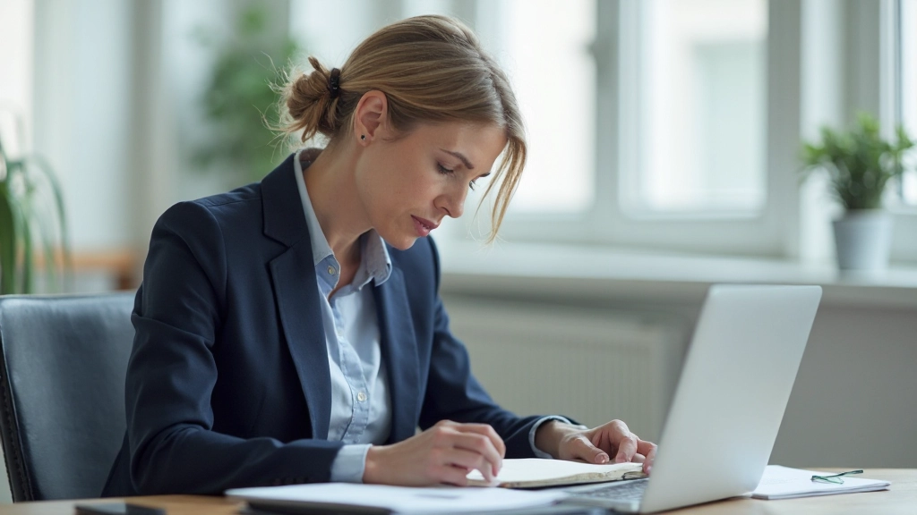 Professionelle Frau mittleren Alters sitzt an Schreibtisch mit Notizbuch und Laptop, konzentrierter Blick nach unten, modernes Büro