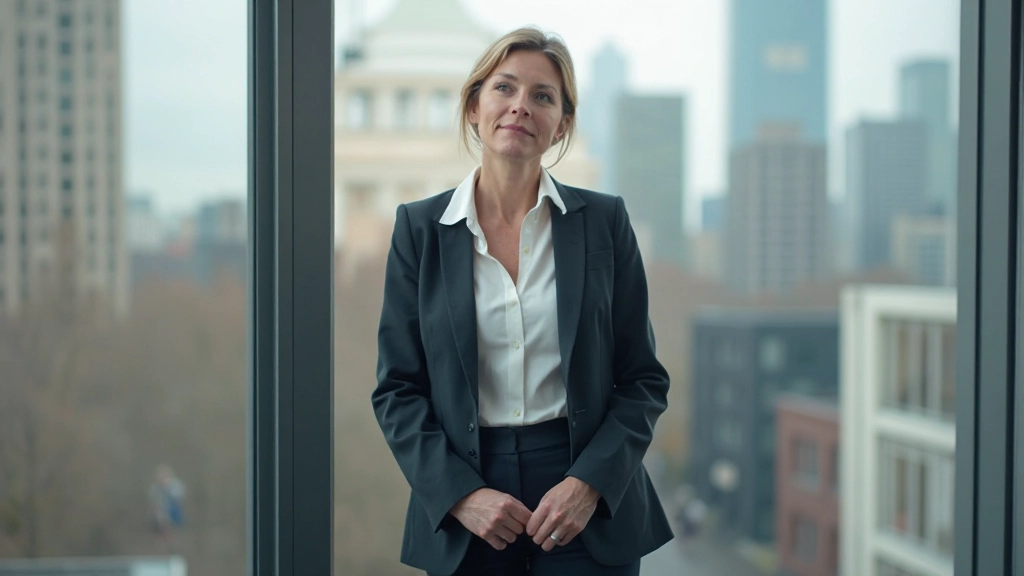 Führungskraft schaut zufrieden aus dem Fenster eines modernen Büros und blickt auf Stadt