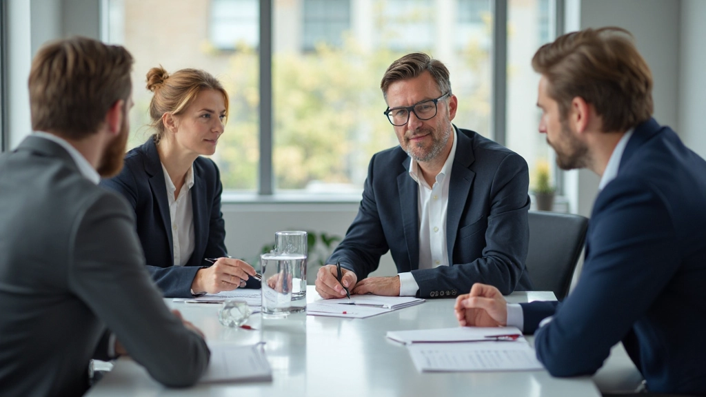 Gruppe von vier Fachleuten sitzt um Konferenztisch und diskutiert Strategie mit Notizbüchern und Stiften