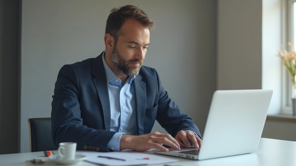 Einzelner Geschätsmann sitzt nachdenklich an Schreibtisch mit Händen über Tastatur, konzentriert auf Ziele schauend