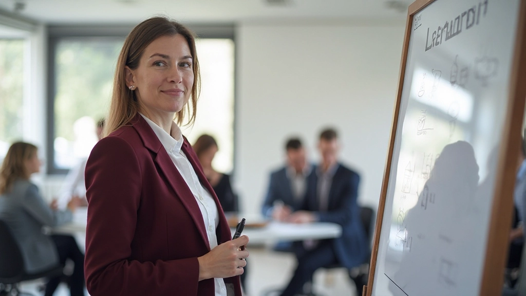 Weibliche Führungskraft präsentiert Idee vor Flip-Chart mit Diagrammen, Team sitzt aufmerksam daneben
